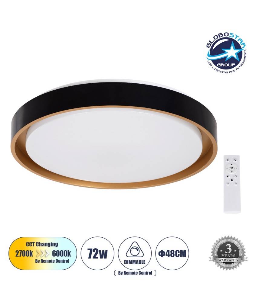 GLOBOSTAR® BARCHETTA 61047-S Μοντέρνο Φωτιστικό Οροφής LED 72W 8306lm 120° AC 220-240V IP20 Ρυθμιζόμενο Λευκό CCT με Χειριστήριο από 2700K έως 6000K Dimmable - Lumileds SMD Chip - Μαύρο Ματ & Χρυσό - Μ48 x Π48 x Υ8.2cm - 3 Χρόνια Εγγύηση